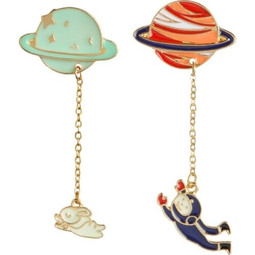 I want to go to the moon ! Unisex Jewelry Galaxy Saturn Planet Astronaut Rabbit Brooch Pins With Chain Shirt Collar Accessories