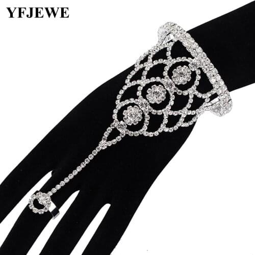 YFJEWE Wedding Engagement Silver Color Crystal Girls Bracelets With Hand Ring Flower Bangles Vintage Fashion Jewelry B208