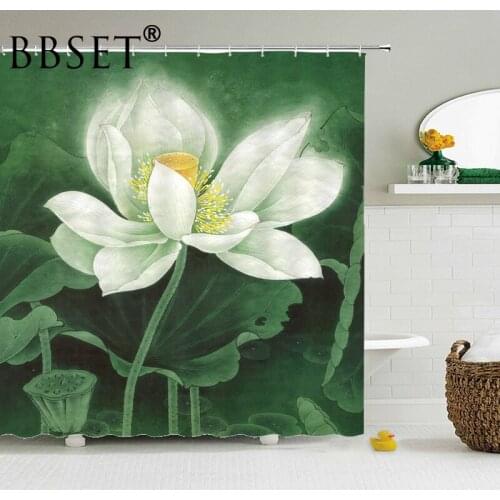 Floral Theme Shower Curtain Lotus Blooming In The Pond Pattern Waterproof Multi-size Douchegordijn Bathroom Decor with Hooks