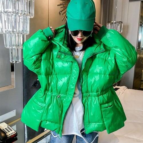 Candy color Short Shiny Down Cotton-padded Outerwear Women Korean Hooded Drawstring waist Parka coat Winter Thick warm Plus size