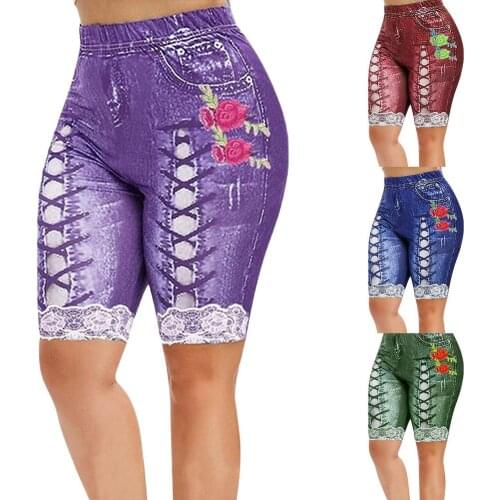 Womens Shorts High-waist Hip-lifting Denim Lace Edge Fitness Body-sculpting Leggings Sport Shorts Summer Rose Print For Workout