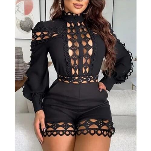 Womens Hollow Romper Summer Jumpsuit Streetwear Fashion Long Sleeve High Cut Round Neck Ruffle Hem Shorts Bodycon Playsuits