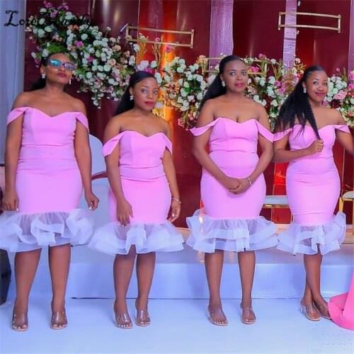 Pink Mermaid Short Bridesmaid Dresses 2021 Elegant Off Shoulder African Wedding Party Dress Cheap Plus Size Vestido madrinha