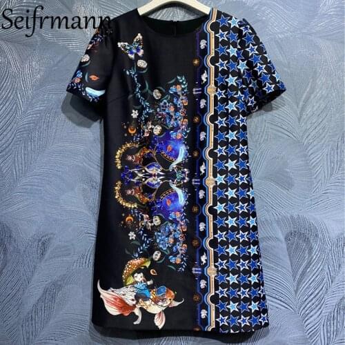 Seifrmann New 2021 Summer Women Fashion Runway Mini Dress Short Sleeve Gorgeous Crystal Beading Geometric Print Dresses Vestidos