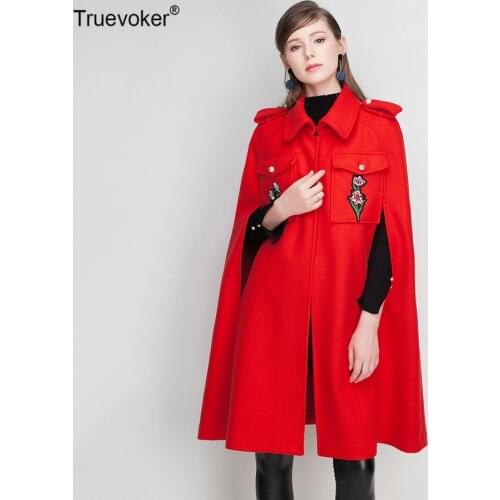 Truevoker Runway Fashion Red Cloak Coat Womens Cloak Sleeves Luxury Embroidery Noble Christmas Party Woolen Blends Outerwear