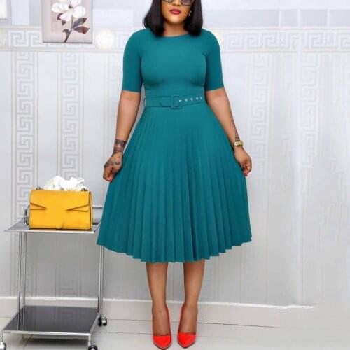 Pleated Dress Women Elegant High Waisted A Line Solid Color Fashion Office Ladies Work Business Wear Vestidos Mujer Dress Midi