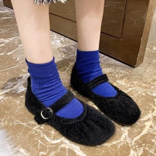 12 Style 2020 Winter Fur Flats Women Faux Fur Mary Janes Shoes Black Slip on Flat Shoes Woman Loafers Girls Lolita Shoes 8519N