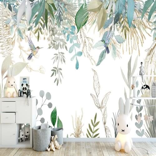 Milofi Custom 3D Nordic hand painted small fresh tropical plant leaves flower and bird background mural