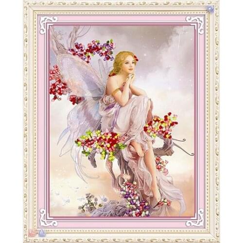 48*60CM 3D fairy flower Ribbon embroidery kit beauty women handcraft kit DIY handmade needlework hand sewing art wall home decor