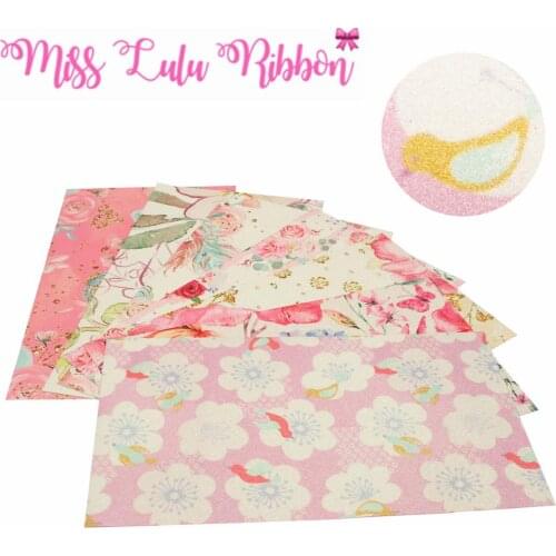 8x13inch (20x34cm) Printed Glitter Vinyl Ribbon Cut Piece 60pcs/pack Flower Series Watercolor Rose Colorful Stripe DIY Hair Band