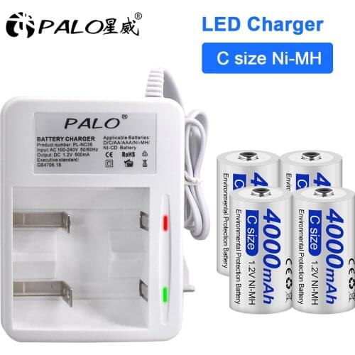 PALO PALO C size rechargeable battery 1.2V 4000mAh NI-MH + intelligent fast charging LED charger for 1.2V AA AAA C D