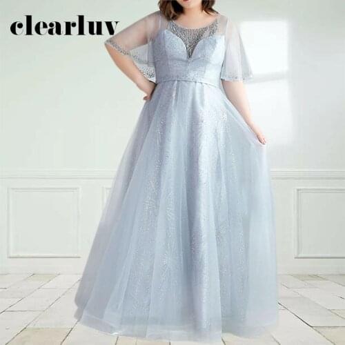 Shining Crystal Evening Dress DR1067 Elegant Light Gray Robe De Soire O-neck Half Sleeve A Line Evening Dresses Long Formal Gown