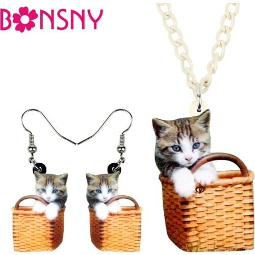 Bonsny Acrylic Sweet Basket Cat Kitten Jewelry Set Necklace Earrings Anime Pets Pendant Jewelry For Women Girls Charms Gift 2019