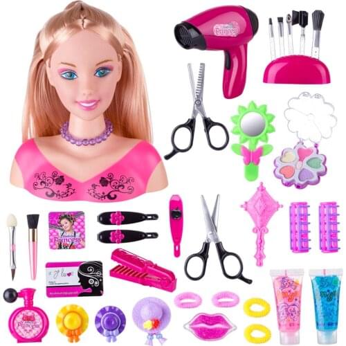 34Pcs 24 x 14 x 18cm Child Makeup Pretend Playset Styling Head Doll Hairstyle Beauty Toy with Hair Dryer Birthday Gift For Girl