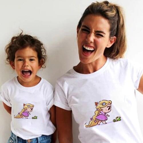 Disney Princess Aesthetic Mother and Daughter Clothes Family Sets Kawaii Rapunzel Print T-shirt Casual Short Sleeve Girls Tops