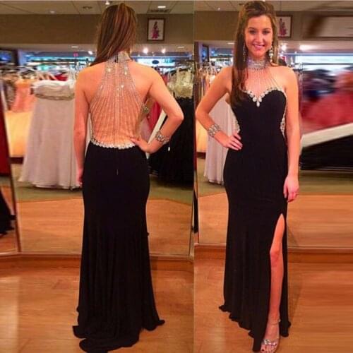Long Prom Gown Split Side Floor Length Evening Dresses for Wedding Party Custom MadeSexy Crystals Beading Tops Black Chiffon
