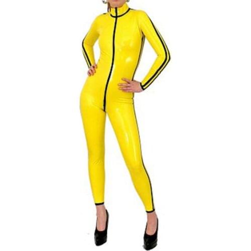 Fantasy shining yellow latex rubber bodysuit