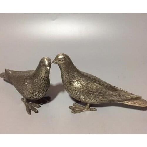 Chinese Hand-made Tibet Silver Sculpture A Pair Peace Pigeons Animal Statue Individuality Creativity Happy Home Decoration