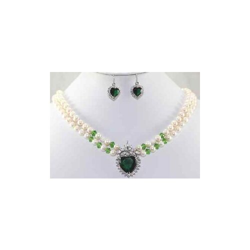 Hot 2Rows 7-8MM Pearl Zircon Crystal Bridal Wedding Jewelry Necklace Earring Set