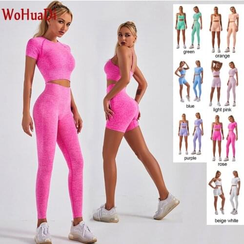 WOHUADI Fashion Women Clotching Yoga Set Fitness Sportswear Seamless High Waist Leggings Shirt Sport Crop Top Bra Tracksuits Gym