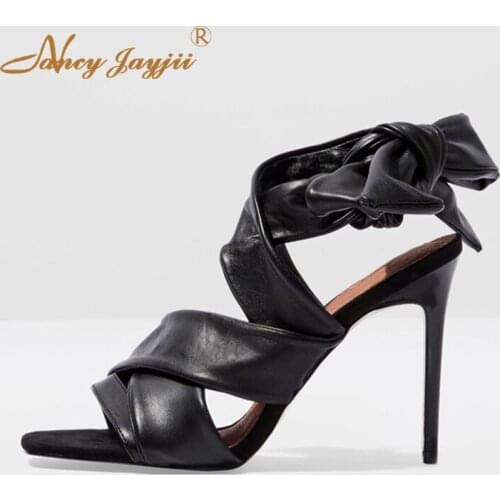 Black Summer Shoes Butterfly-Knot High Thin Heels Sandals Woman Soft Faux Leather Open Square Toe Large Size 12 14 Fashion Party