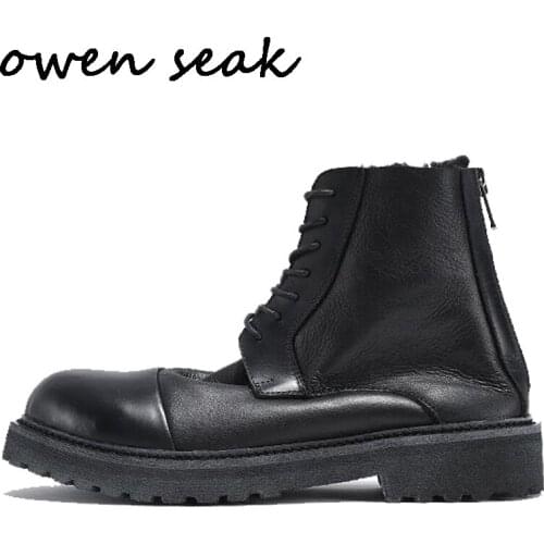 Owen Seak Men Fur Boots High-TOP Ankle Luxury Trainers Cow Leather Shearling Lace Up Casual Shoes Zip Snow Winter Flat Boots