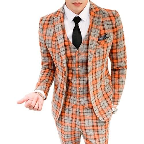 Men Three Piece Suit Set Jacket Pants Vest / Male Orange Slim Fit British Style High End Plus Size Plaid Blazer Coat Trousers
