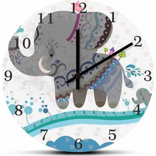 Little Animals Cartoon Elephants Wall Clock Animal Home Decor Silent Movement Wall Watch Baby Elephants Artwork For Kids Bedroom