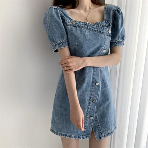 Square Collar Slim Denim Dress with Diagonal Buttons