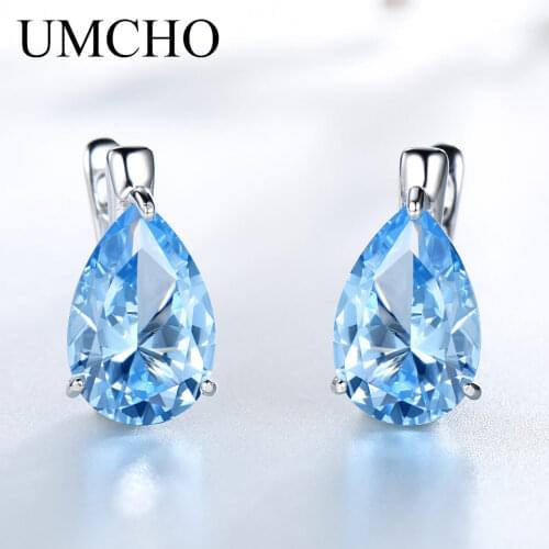UMCHO Genuine 100% 925 Sterling Silver Jewelry Pear Created Sky Blue Topaz Clip Earrings For Women Anniversary Gift Fine Jewelry