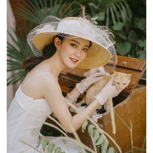 Summer Straw Hat Women Bow Ribbon Veil Beach Hat Wide Brim Sun Hat Hepburn Photograph Fedoras Hat SunScreen Summer Hat Holiday