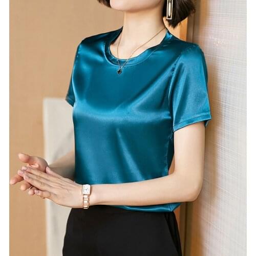 Summer Korean Fashion Silk T-shirts for Women Vintage Satin Tops for Women Short Sleeves Loose Black Office Lady Shirts