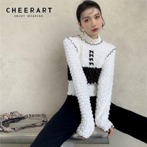 CHEERART 2021 Fashion White Turtleneck Womens Tops And Blouses Long Sleeve Patchwork Bow Texture Designer Ladies Knitted Top