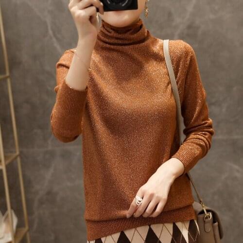 Women Turtleneck Sweaters Autumn Winter Knitted Pullover Long Sleeve Soft Light Luxury Bright Surface Elasticity Primer Shirt