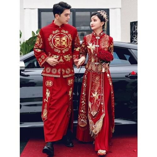 Cheongsam Embroidered Marriage Suit Oriental Bride Lovers Clothes Red Long Sleeve Qipao New Oversize China Style Wedding Dress