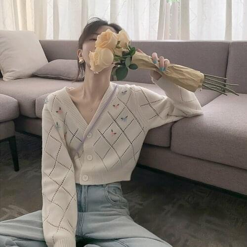 Spring and AutumnKorean Top Sweater Coat 2021 Embroidered V-neck Knit Cardigan Retro cutout Cardigans Women Clothes Jacket
