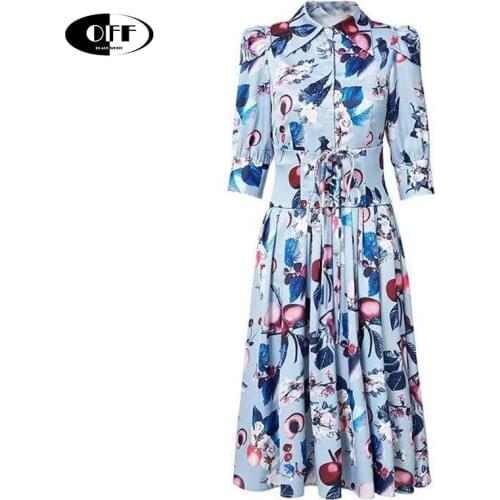Designer Runway Summer Party Evening Midi Dresses For Women Vintage Floral Printed High Waist Elegant Beach Chic Vacation Dress