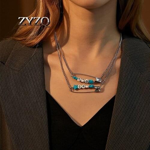 ZYZQ Fashion Double layer Safety Pin Pendant Necklace Hollow Exquisite Star Pin Clavicle Chain For Women Girls Fashion Jewelry