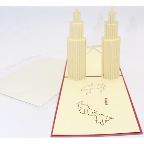 3D Laser Cut Handmade Landmark Architecture Malaysia Twin Tower Paper Greeting Cards PostCard Business Festival Gift Souvenir