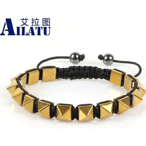 Ailatu Brand Mens Jewelry 8X8mm Hematite Beads Pyramid Macrame Braiding Bracelet for Christmas Gift