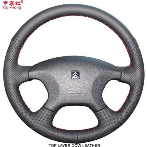 Yuji-Hong Top Layer Genuine Cow Leather Car Steering Wheel Covers Case for Citroen C-Elysee 2004-2013 Hand-stitched Cover