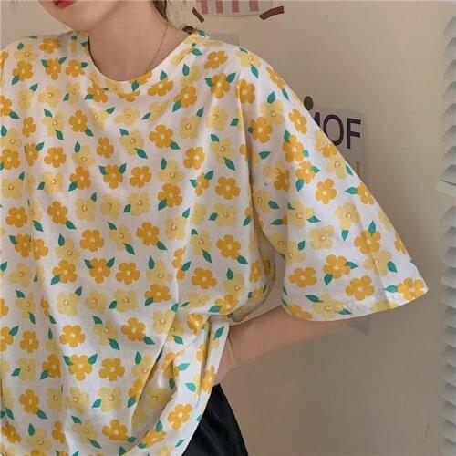 2021 Summer Harajuku Floral Print Tshirt Short Sleeve Cotton T Shirt Women Girls Streetwear Casual Tees Loose Student Tops 073