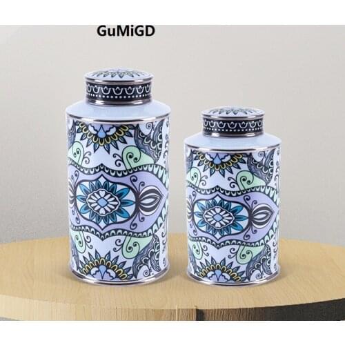 Jingdezhen Ceramic modern abstract pattern storage tank with cover flower jar porcelain round jar ornament