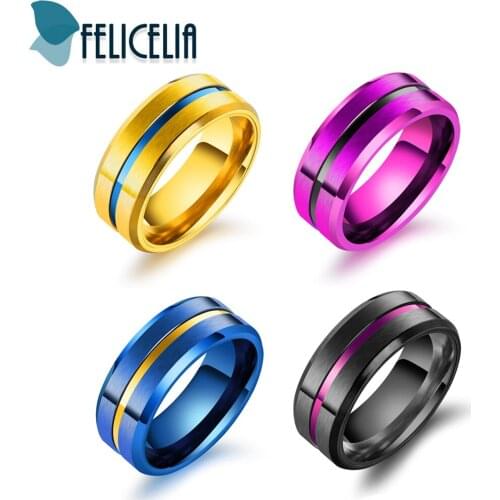 Felicelia 8MM Width Stainless Steel Men Ring Black Blue Purple Gold Color Wedding Ring Fashion Jewelry Accessory