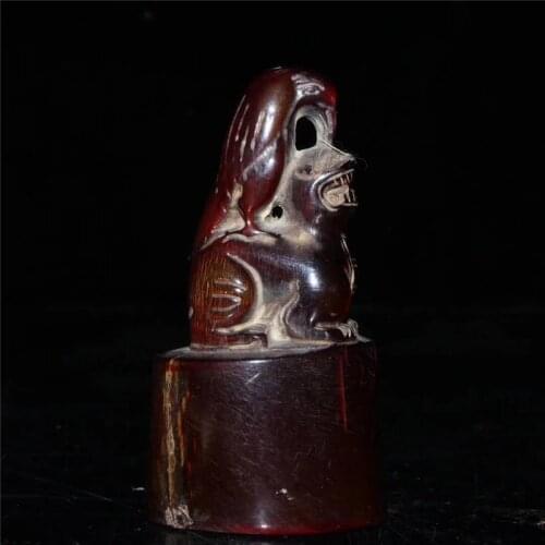 Collection Chinese Hand Carved Ox Horn Solid Seal Animal Statue Auspicious Gift Fengshui Decoration
