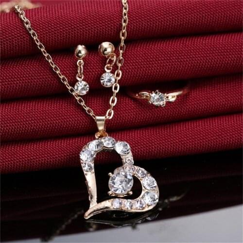 Women Rhinestone Heart Snowflake Dangle Necklace Stud Earrings Ring Jewelry Set