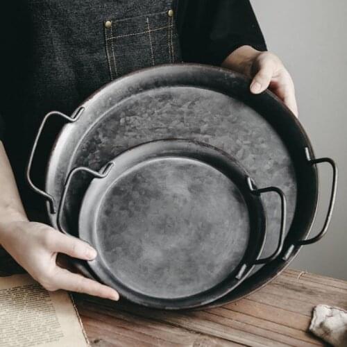 Retro Round Wrought Iron With Handle Binaural Storage Tray Flat Tray Fruit Cake Platter Photography Props Home Decoratio New
