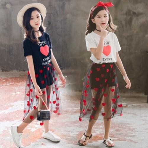 Girls Summer Clothes Heart Tshirt + Mesh Skirt Clothing For Girls Mesh Girls Clothing Sets Letter Kid Clothes