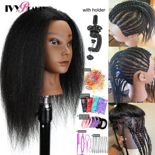 African American Mannequin Head With Real Hair And Adjustable Stand For Braiding Hair Training Hairart Barber Hairdressing Fashi
