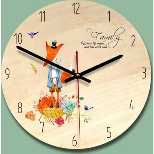 New Round Wall Clock for Living Room Kitchen Decor Creative Fox Printing Wall Watch Silent Antique Child Study Room Hang Clocks
